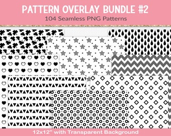 Pattern overlays bundle, 104 seamless pattern sheets with transparent backgrounds, 12x12" scrapbook papers for CU, PNG, JPG (BD16)