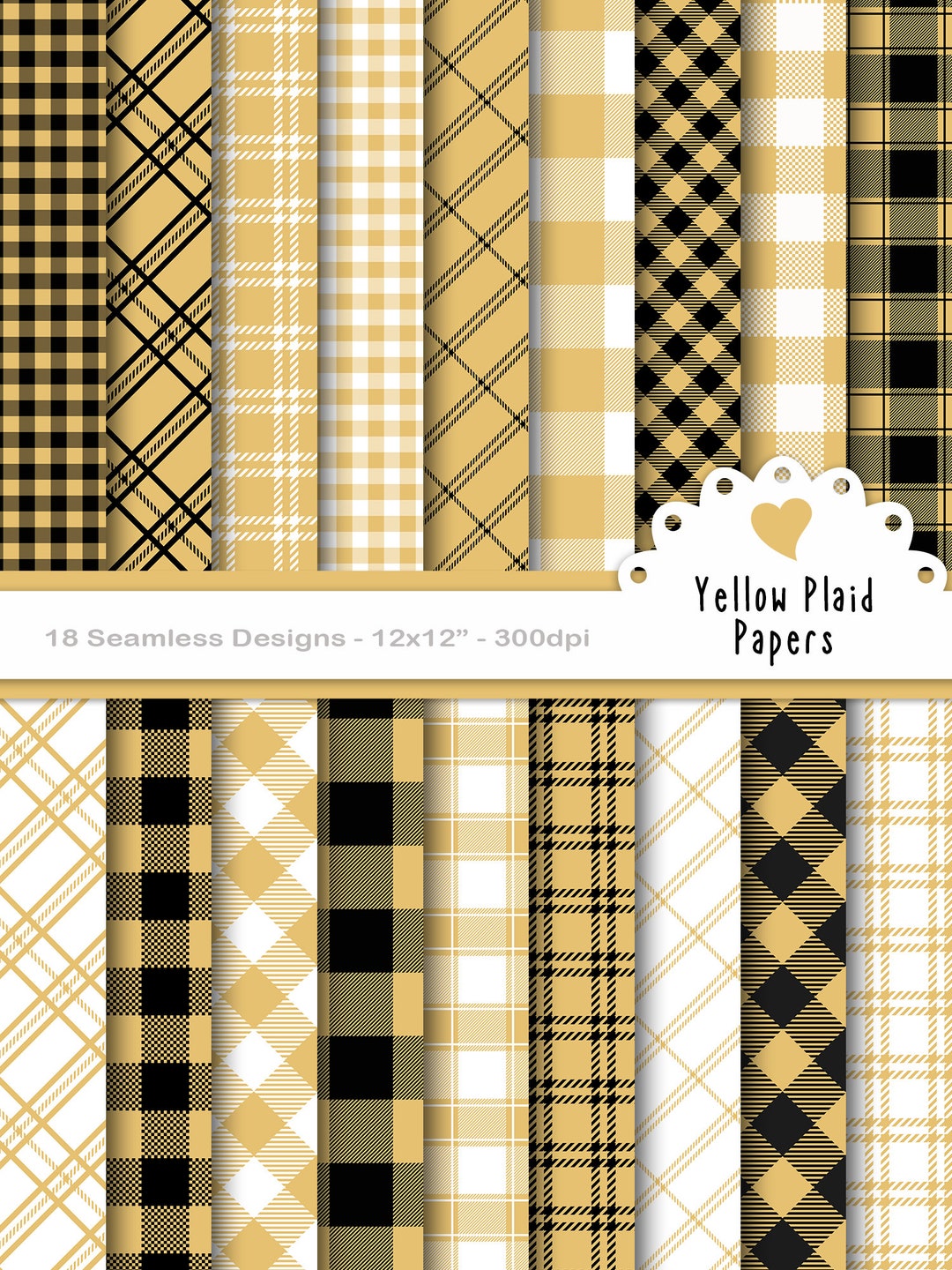 Yellow Buffalo Plaid Digital Papers, Gingham Seamless Paper Backgrounds ...