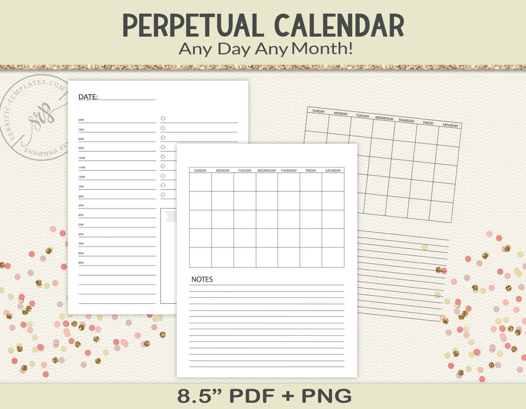 Perpetual Calendar PDF Printable and PNG Overlay, for Any Day or Month ...