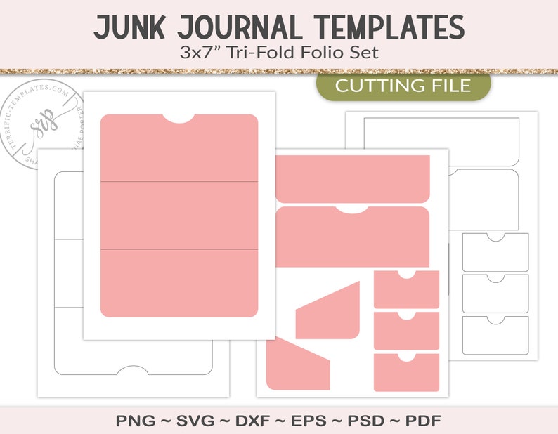 Folio set template, folding junk journal folio, printable craft supply, SVG cutting file, trifold folder, matching pockets, PSD PDF JL68 image 1