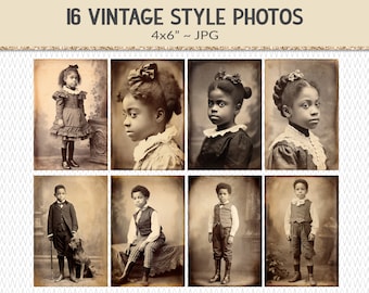 Victorian child photographs, black children, boy and girl portraits, 16 vintage style photos, junk journal ephemera design elements (AP04)