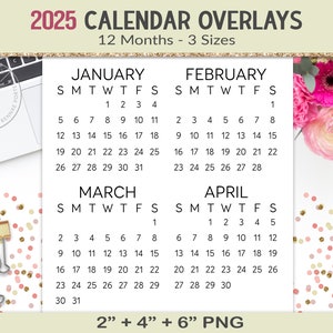 2025 mini calendar overlays, 12 months, 3 sizes individual PNG graphics, planner page calendar insert, transparent background, digital (C1S)