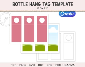 Bottle gift tag template, party printable, 7.5" wine or water bottle hang tag, svg cutting file, canva template,  PSD, PNG, SVG (AG92)