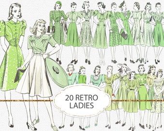 Retro fashion ladies PNG clipart, junk journal ephemera, printable vintage elements, 1940s fashion, vintage woman png graphics (JVV05)