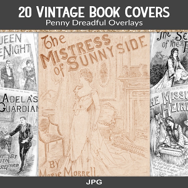 Victorian book covers, penny dreadful novel, vintage book illustrations, junk journal ephemera, printable paper pages, JPG overlay (RY30)