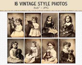 Victorian child photographs, little girl and pet portraits, 16 vintage style photos, junk journal ephemera design elements (AP02)