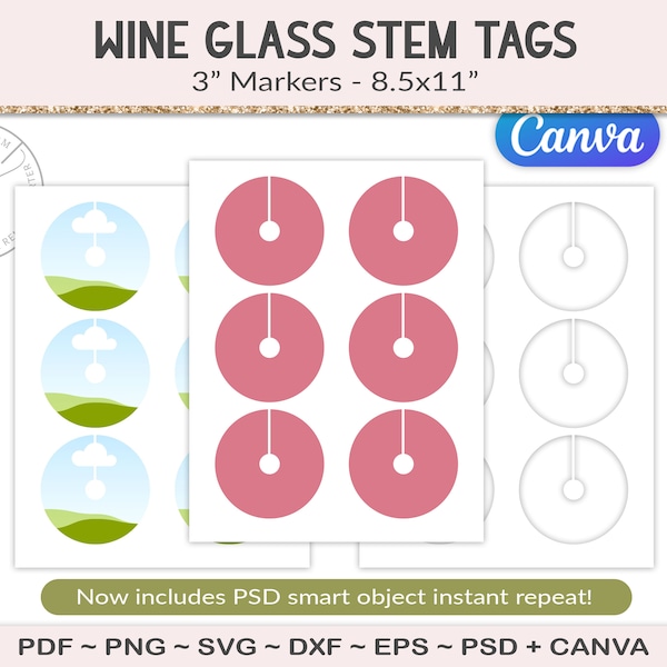 Wine glass stem tag template, 3 inch circle marker, party printable craft sheet, cutting file, canva template, PSD, PNG, SVG (AG86)