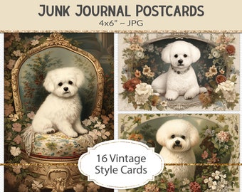 Bichon Frise vintage style postcards, 4x6" victorian era style illustrations, junk journal ephemera, vintage graphic art cards (AF28)