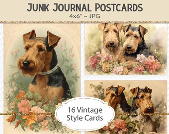 Airedale Terrier vintage style postcards, 4x6" victorian era style illustrations, junk journal ephemera, vintage graphic art cards (AF25)