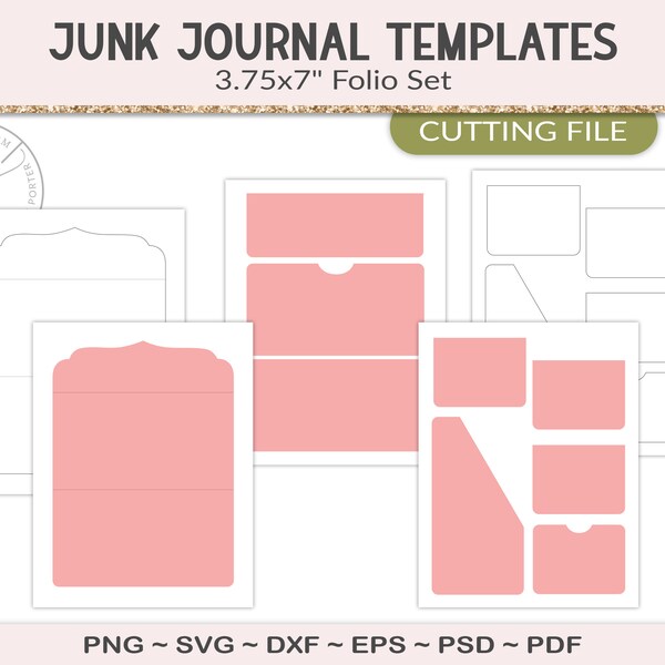 Folio set template, folding junk journal folio, printable craft supply, SVG cutting file, 3 fold folder, matching pockets, PSD PDF (JL76)
