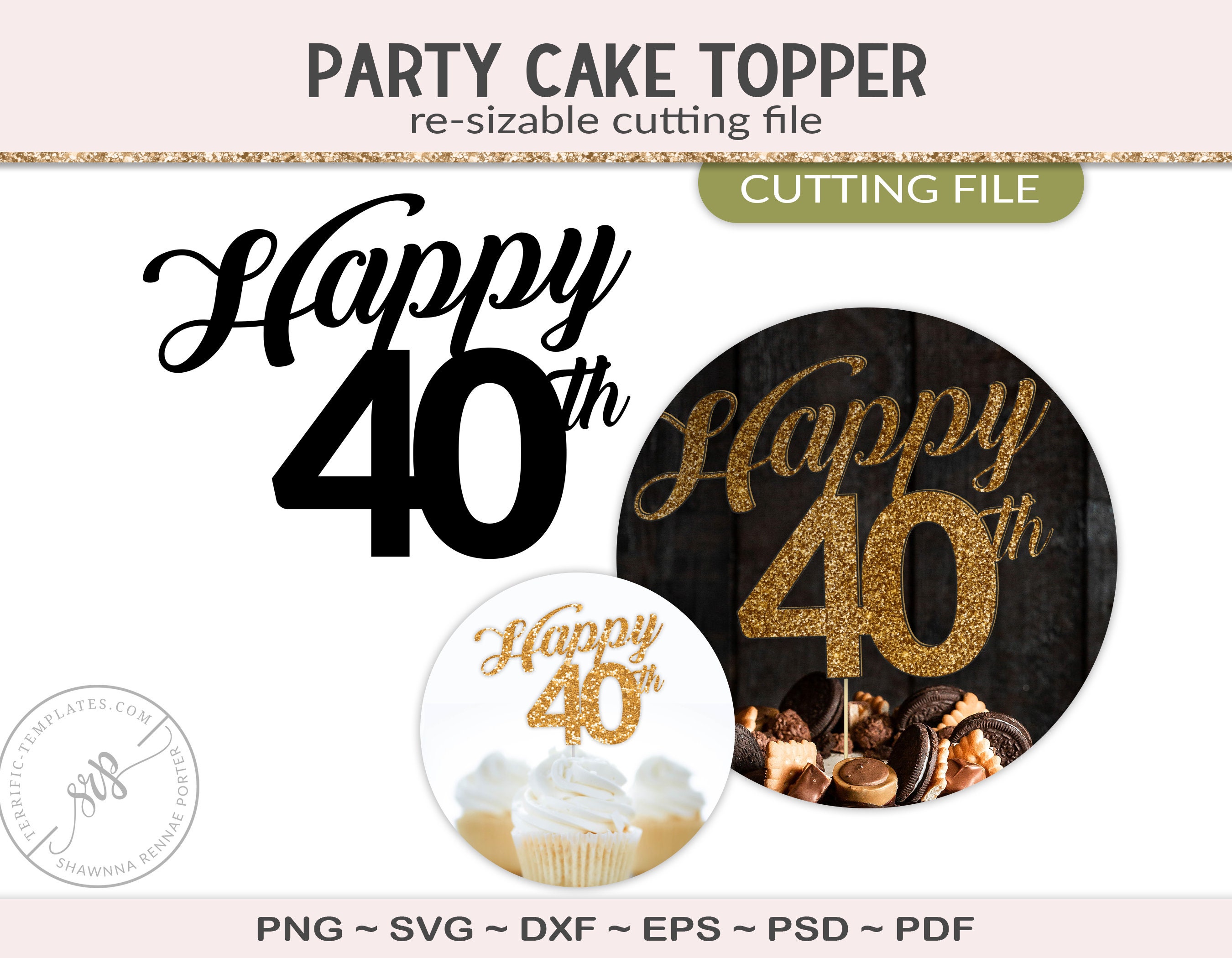 Gold Glitter 40th Birthday Cake Topper, Gold Birthday Cake Topper