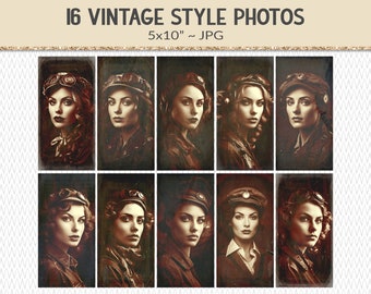 Air pilot woman portrait photographs, 16 vintage red distressed tone photos, steam punk style, junk journal ephemera design elements (AP15)