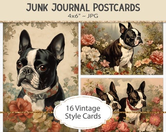 Boston Terrier vintage style postcards, 4x6" victorian era style illustrations, junk journal ephemera, vintage graphic art cards (AF29)