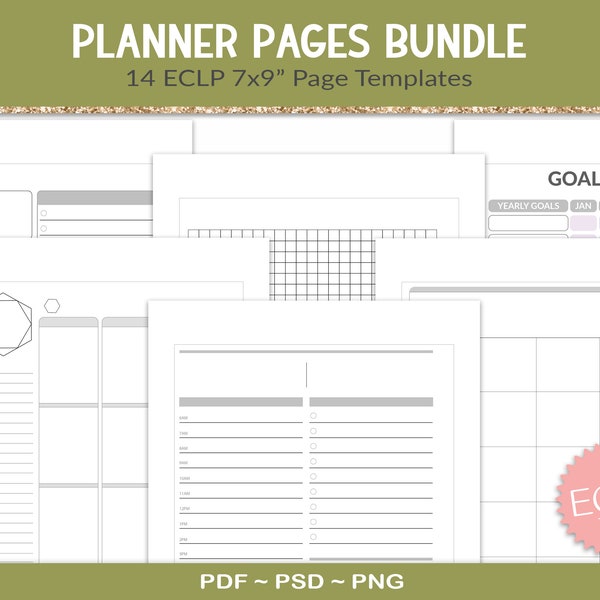 Paquete de páginas de planificación ECLP de 7x9", 14 plantillas, carpeta de planificación de vida vertical semanal EC, páginas de planificación imprimibles editables, PSD de diseñador (BD09)