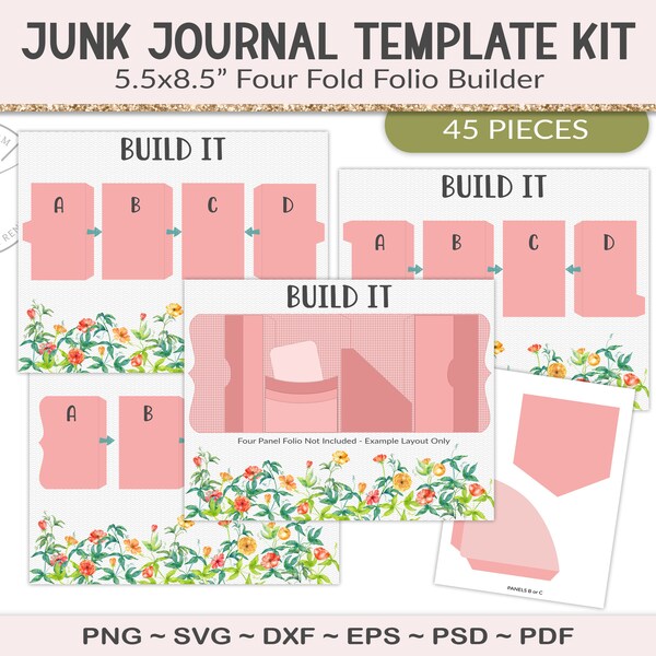 Folio builder with pockets and elements, junk journal template, SVG cutting files, printable craft supply, scrapbooking, PSD, EPS (JLK01)