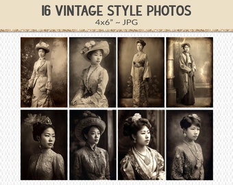 Victorian asian woman portrait photographs, 16 sepia tone vintage style antique photos, junk journal ephemera design elements (AP10)