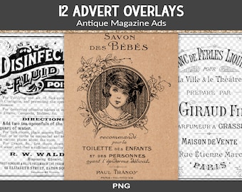 Antique advert overlays, 12 vintage magazine ad graphics, grungy digital junk journal elements, transparent PNG files (RY65)