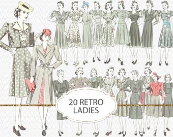 Retro fashion ladies PNG clipart, junk journal ephemera, printable vintage elements, 1940s fashion, vintage woman png graphics (JVV06)