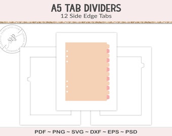 A5 tab dividers template, 12 blank binder dividers, svg cut file planner journal tabs, printable digital download SVG, EPS, PNG (PS23)