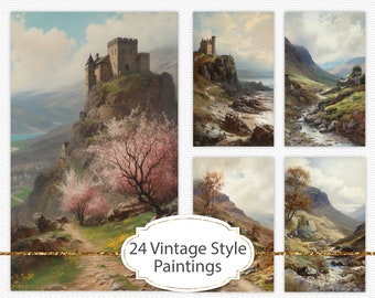 Vintage style paintings, 3x5” Scottish countryside landscapes, junk journal ephemera, junk journal elements, highland scenes (AF64)