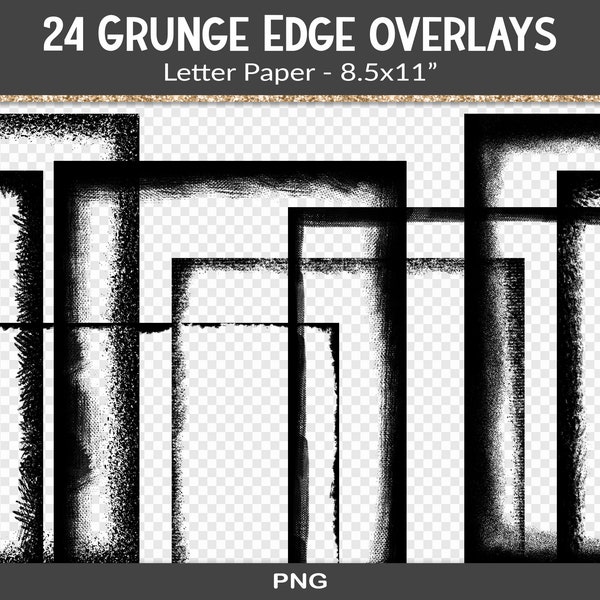 Grunge edge scrapbook overlays, black paper frame overlay, letter size png clipping masks, digital junk journal design elements (RY14)