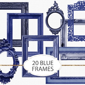 Dark blue photo frames, junk journal ephemera, vintage ornate printable elements, 20 digital clipart picture frame, scrapbook design (JVV36)