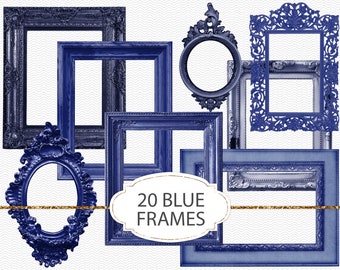 Dark blue photo frames, junk journal ephemera, vintage ornate printable elements, 20 digital clipart picture frame, scrapbook design (JVV36)