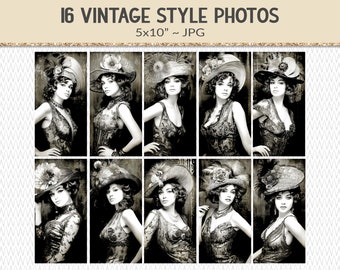 Sultry party woman portrait photographs, 16 black and white photos, new year eve styles, junk journal ephemera design elements (AP17)