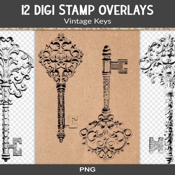Vintage keys digital stamp, monotone png graphics, decorative shabby digi stamps for junk journal, scrapbook or vintage paper crafts (RY54)