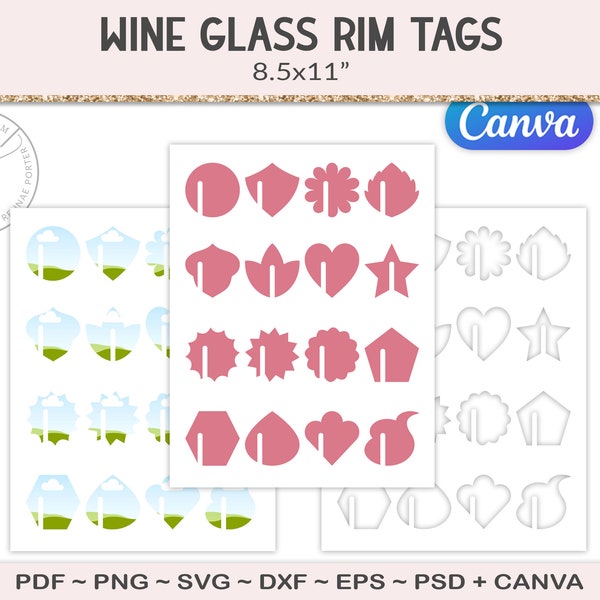 Wine glass tag template, 1.75 inch glass edge marker, party printable craft sheet, cutting file, canva template, PSD, PNG, SVG (AG89)
