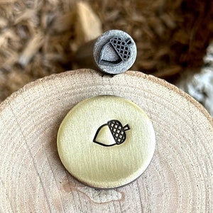 May include: A close-up of two metal acorn stamps. The stamp on the left is a brass stamp with a raised acorn design. The stamp on the right is a silver stamp with a raised acorn design.