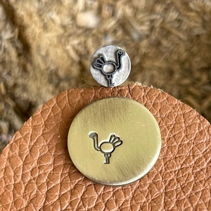 May include: A close-up of a small, round, brass-colored metal charm with a black outline of a turkey. The charm is sitting on a piece of brown leather.