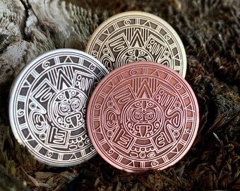 AZTEC SUN CALENDAR Coin || Mayan Coin | Pendant | Keychain | Pin Badge (33 mm, 1.25 inch; 40 mm, 1.5 inch)