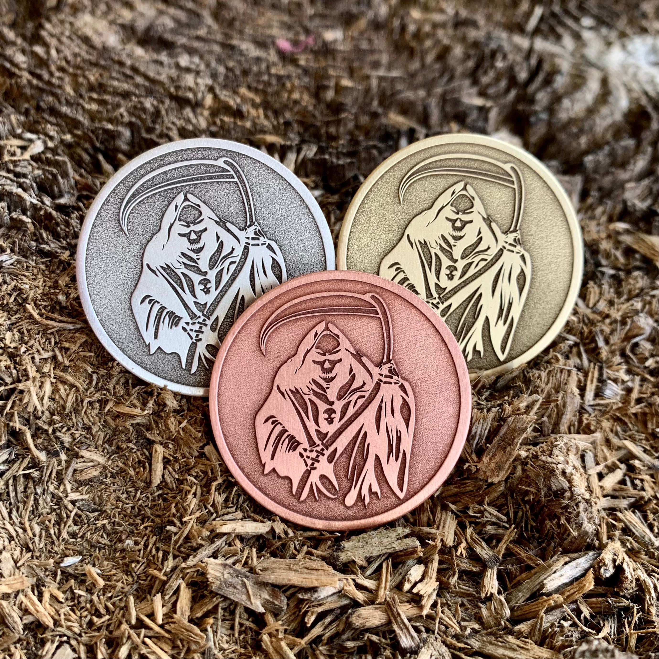 GRIM REAPER Coin || Skull Coin || Necklace | Keychain | Pin (33 mm, 1.25 inch; 40mm, 1,5 inch)