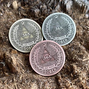 Könnte beinhalten: Drei runde Metallmarken mit einem Dreiecksdesign und der Zahl 365 in einem Kreis. Der Text "365 Tage nüchtern" ist auf jeder Marke eingraviert. Die Marken sind in verschiedenen Farben: Gold, Silber und Kupfer.