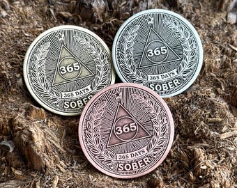 Moneda de 1 AÑO DE SOBRIEDAD / 365 días de sobriedad // Ficha de sobriedad AA // Medallón de sobriedad / Ficha de celebración de la sobriedad / Regalo de sobriedad