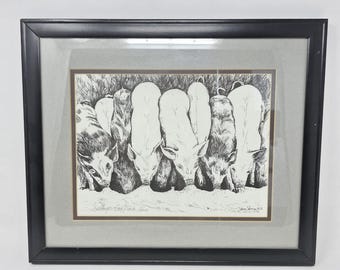 Oeuvre d'art originale vintage Allaitement porcelet croquis portrait artiste signé encadré 98 '