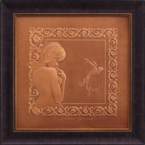 Embossed graphic picture, Framed leather artwork, Anniversary gift, Original gift for her, Gift for him, Leather artwork, Girl, hummingbird