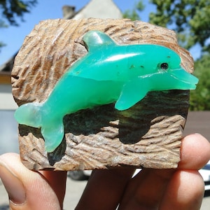Può includere: Un delfino in pietra preziosa verde intagliato in una pietra marrone con un motivo ondulato.