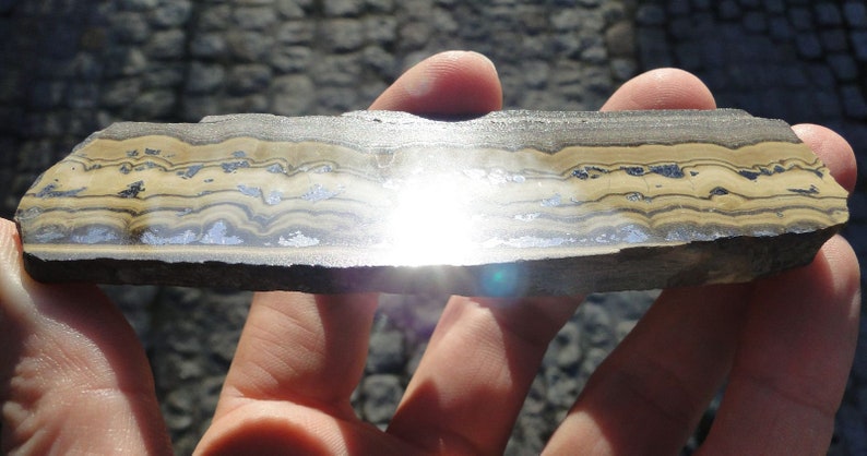 May include: A close-up of a banded rock with alternating layers of light brown and dark gray. The rock is smooth and polished, and the layers are clearly visible.