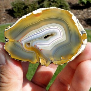 Può includere: Una geode di agata lucidata con una varietà di colori, tra cui giallo, arancione, rosso, bianco, grigio e marrone. La geode ha una forma naturale irregolare e una superficie liscia e lucidata.