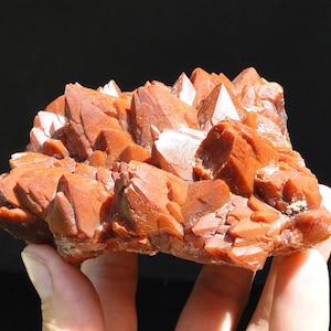 Könnte beinhalten: Ein Cluster aus roten Quarzkristallen mit einer rauen, natürlichen Textur. Die Kristalle sind in einem Cluster angeordnet, wobei einige nach oben und andere nach unten zeigen. Die Kristalle sind tiefrot und haben eine glänzende, glasartige Oberfläche.