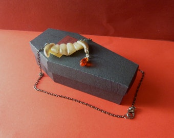 Ruby Drop Shimmering Vampire Fang Choker Necklace in Coffin Gift Box