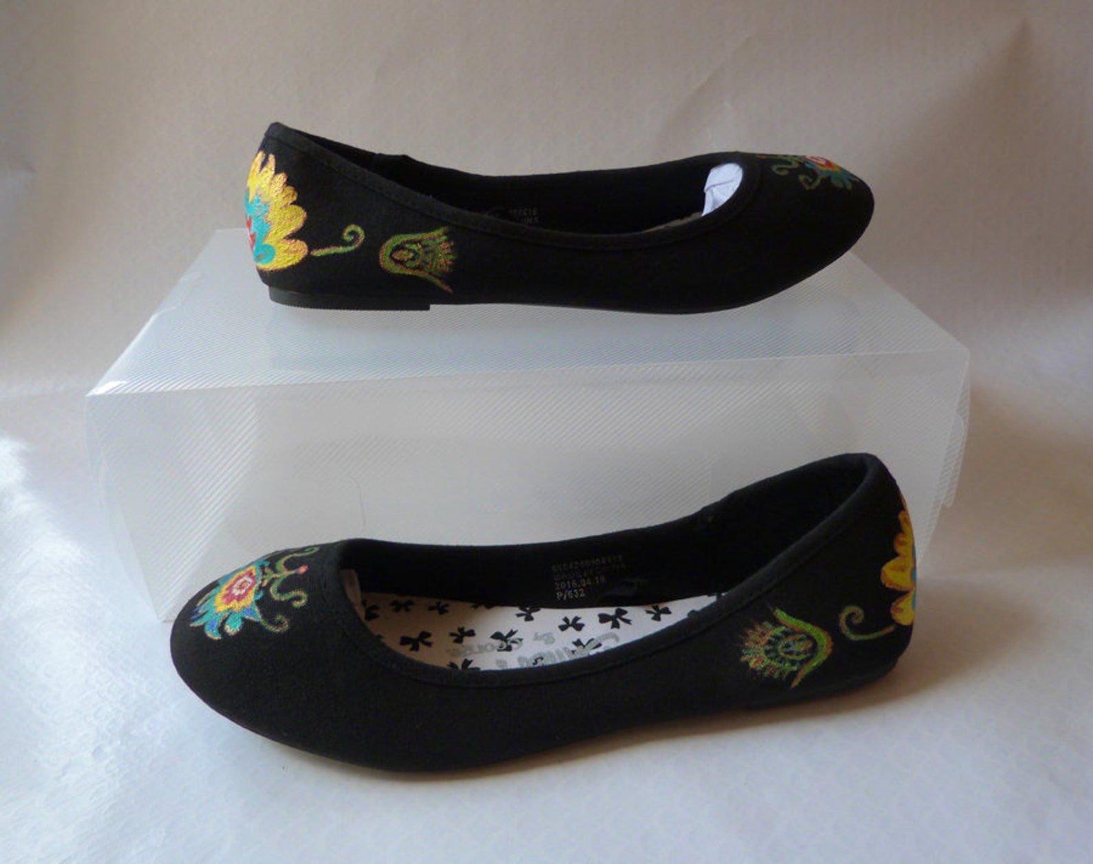 folk art flower decorated black canvas flat ballet pumps uk 6 eu 39.5 us 8.5
