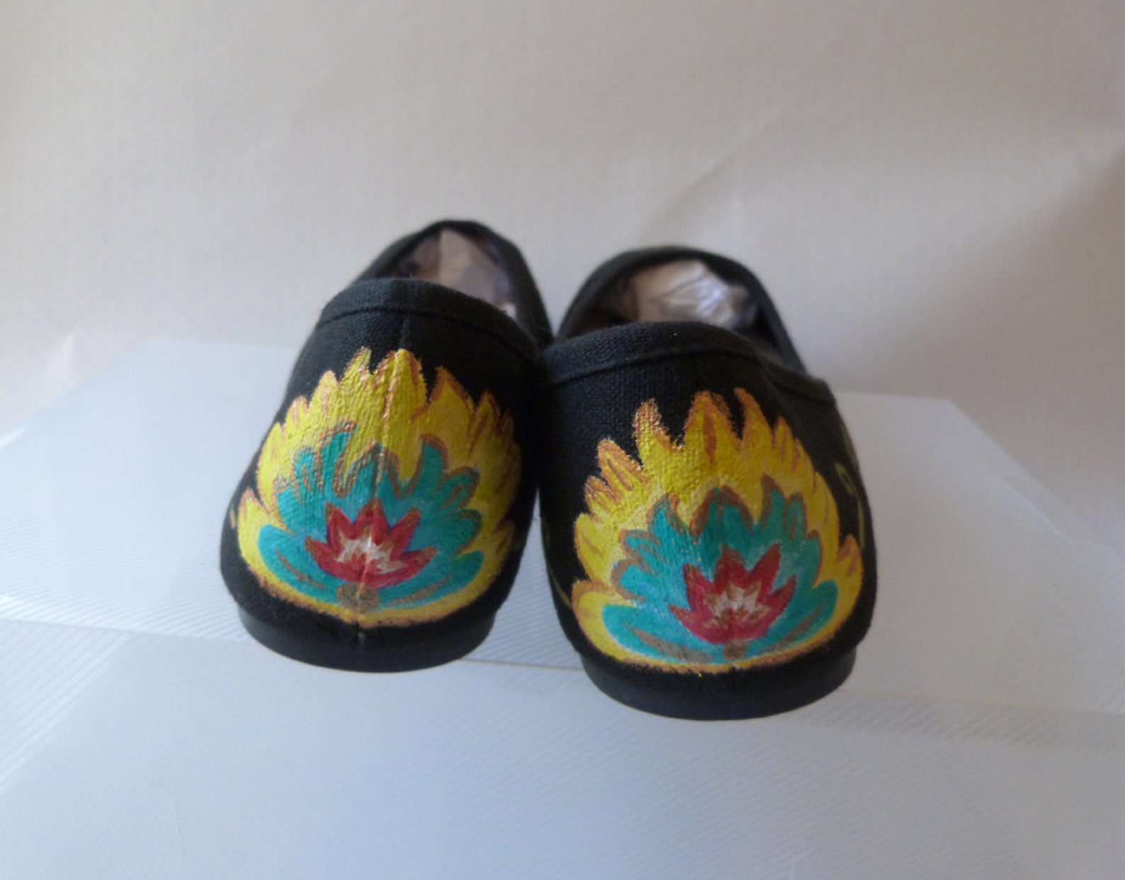 folk art flower decorated black canvas flat ballet pumps uk 6 eu 39.5 us 8.5