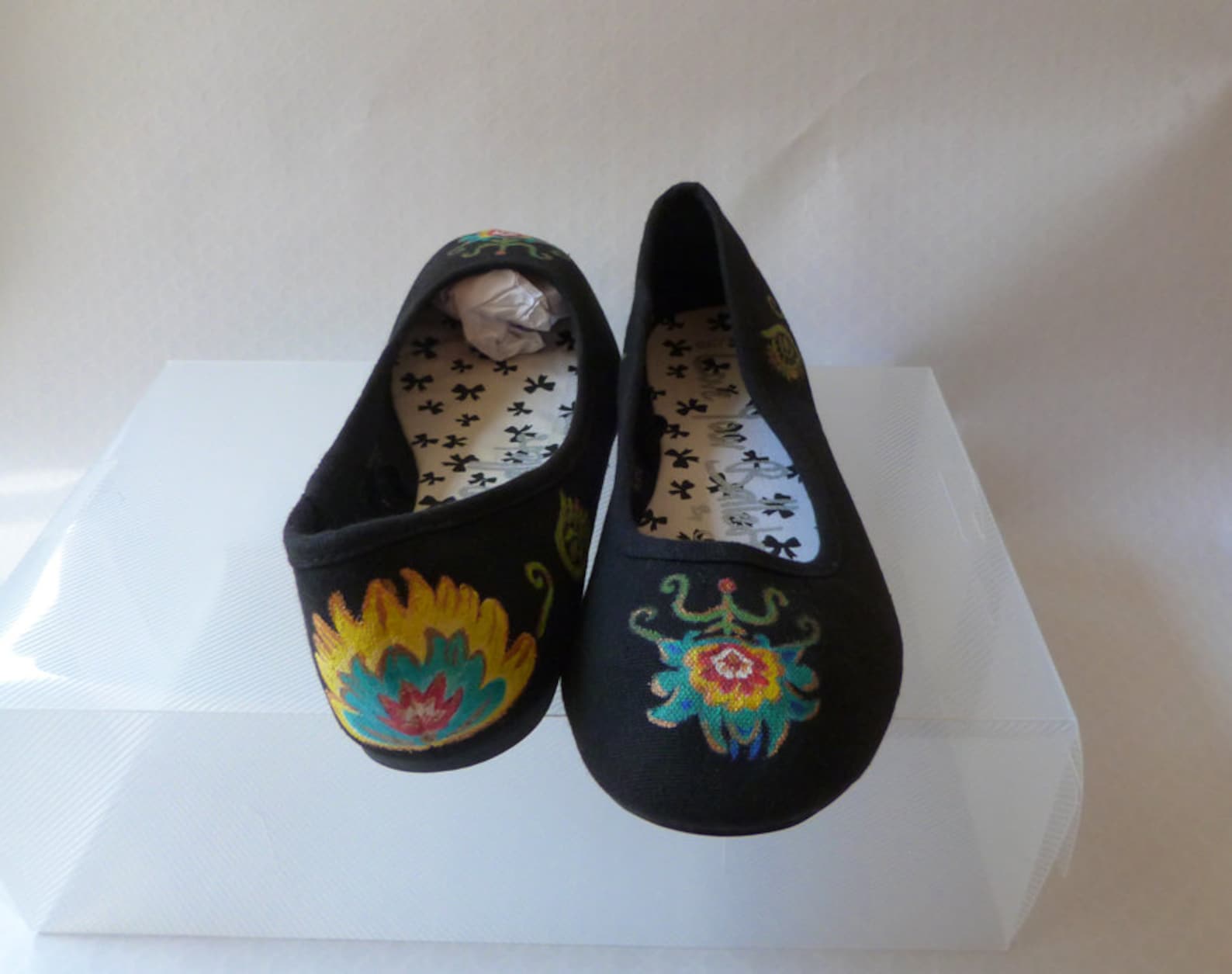 folk art flower decorated black canvas flat ballet pumps uk 6 eu 39.5 us 8.5