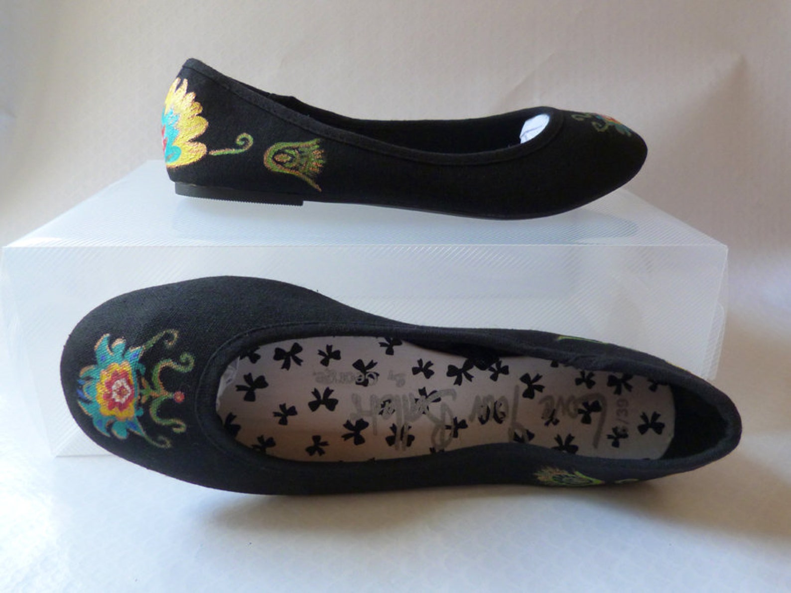 folk art flower decorated black canvas flat ballet pumps uk 6 eu 39.5 us 8.5