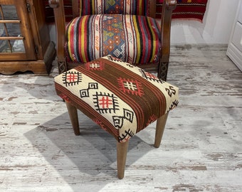 Handmade Kilim Ottoman Stool: Vintage Bohemian Foot Stool, Wood Legs