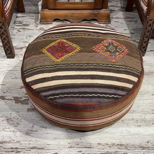 handmade vintage retro oriental ottoman round pouf decorative foot stool handmade wool kilim rug pouf