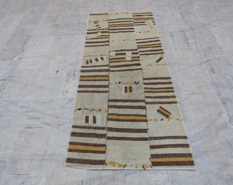 Handmade Vintage Kilim Runner Rug, Brown Beige Wool, 3x7 ft